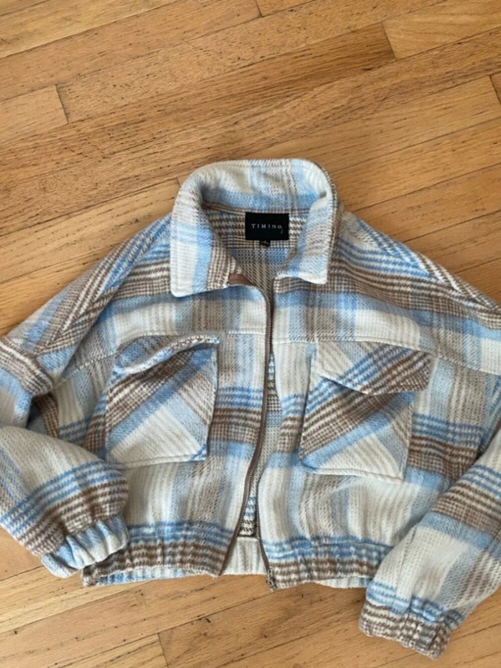 TIMING Plaid Cropped Zip Jacket - Blue & Brown & Cream